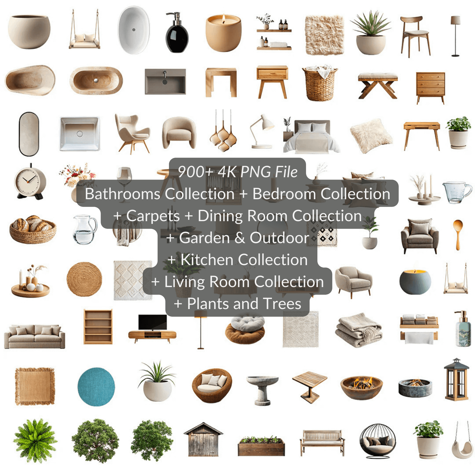 Collage of various home decor items including furniture, plants, and accessories with text overlay.