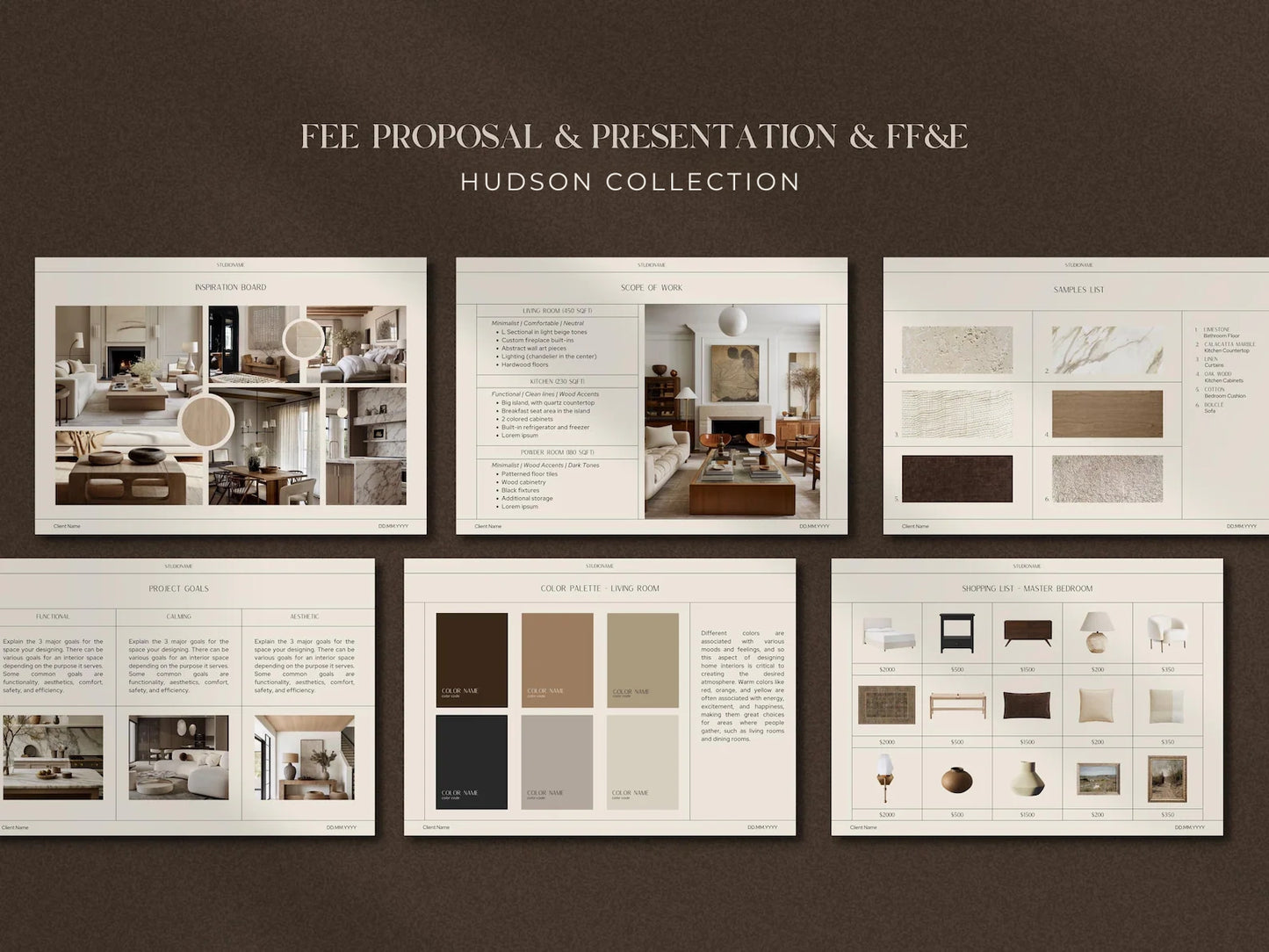 Hudson Collection fee proposal and presentation with interior design samples on a brown background