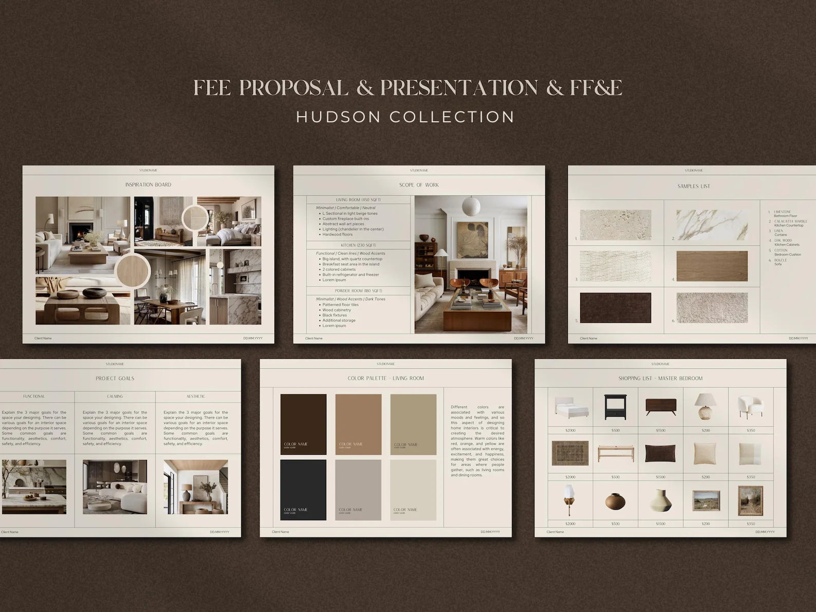 Hudson Collection fee proposal and presentation with interior design samples on a brown background
