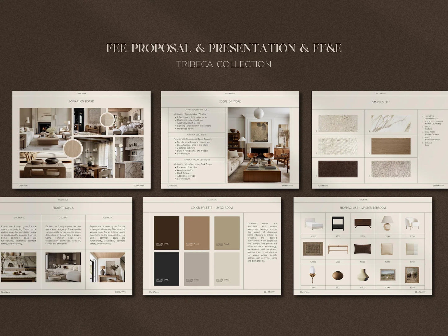 FEE proposal and presentation for Tribeca Collection on a brown background