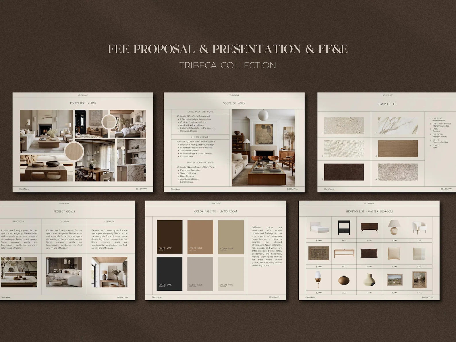 FEE proposal and presentation for Tribeca Collection on a brown background
