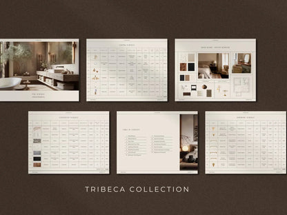 Tribeca Collection design materials on a brown background