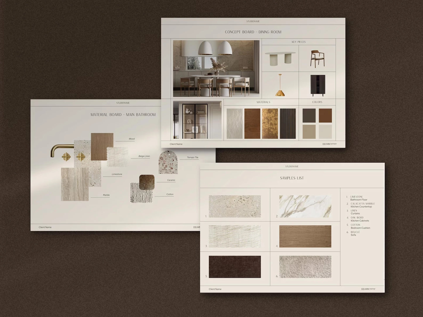 Set of interior design material samples on a brown background