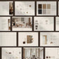 Collage of interior design brochures with images and text on a wall.
