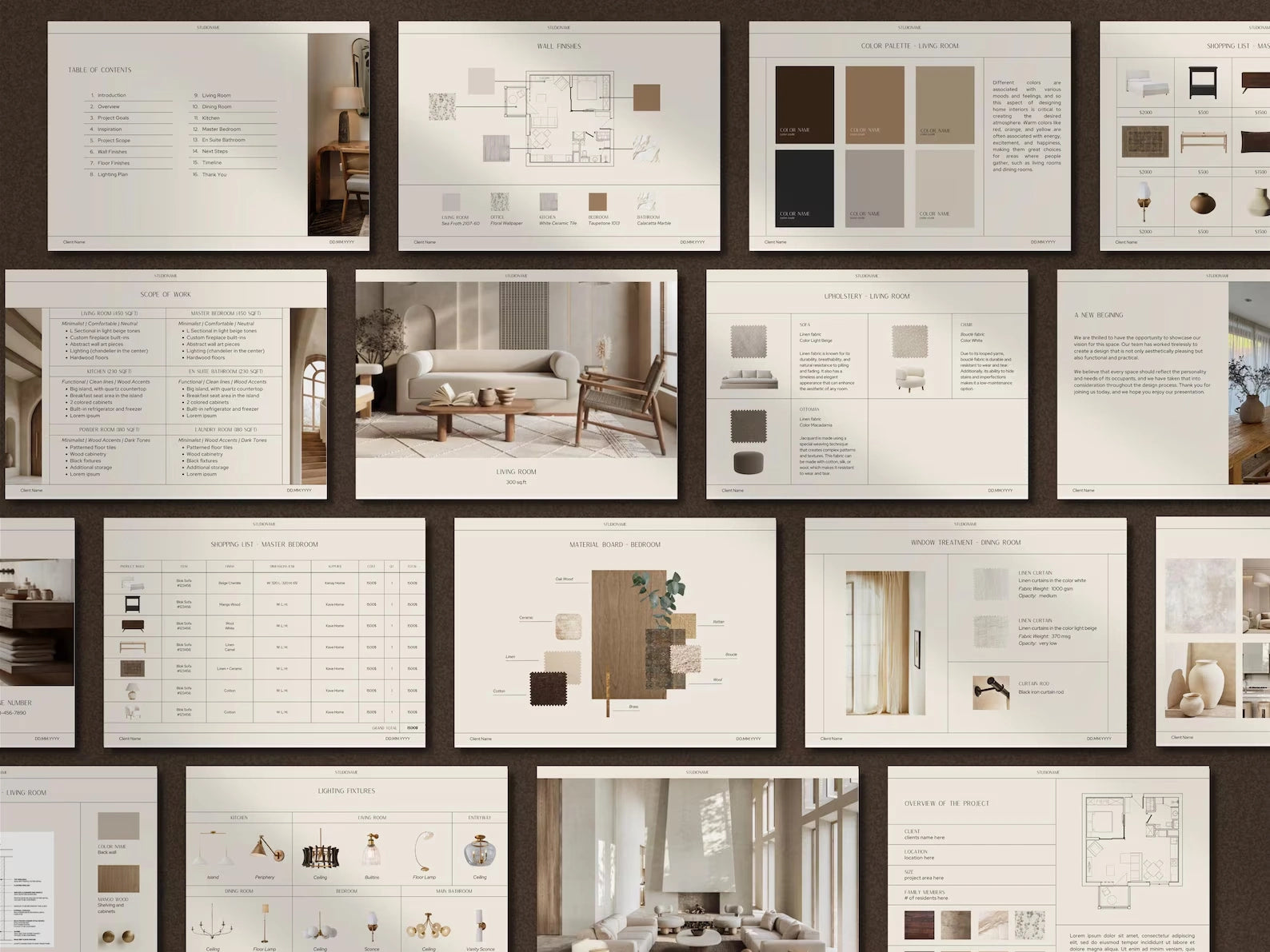 Collage of interior design brochures with images and text on a wall.