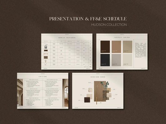 Hudson Collection presentation and FF&E schedule on a brown background