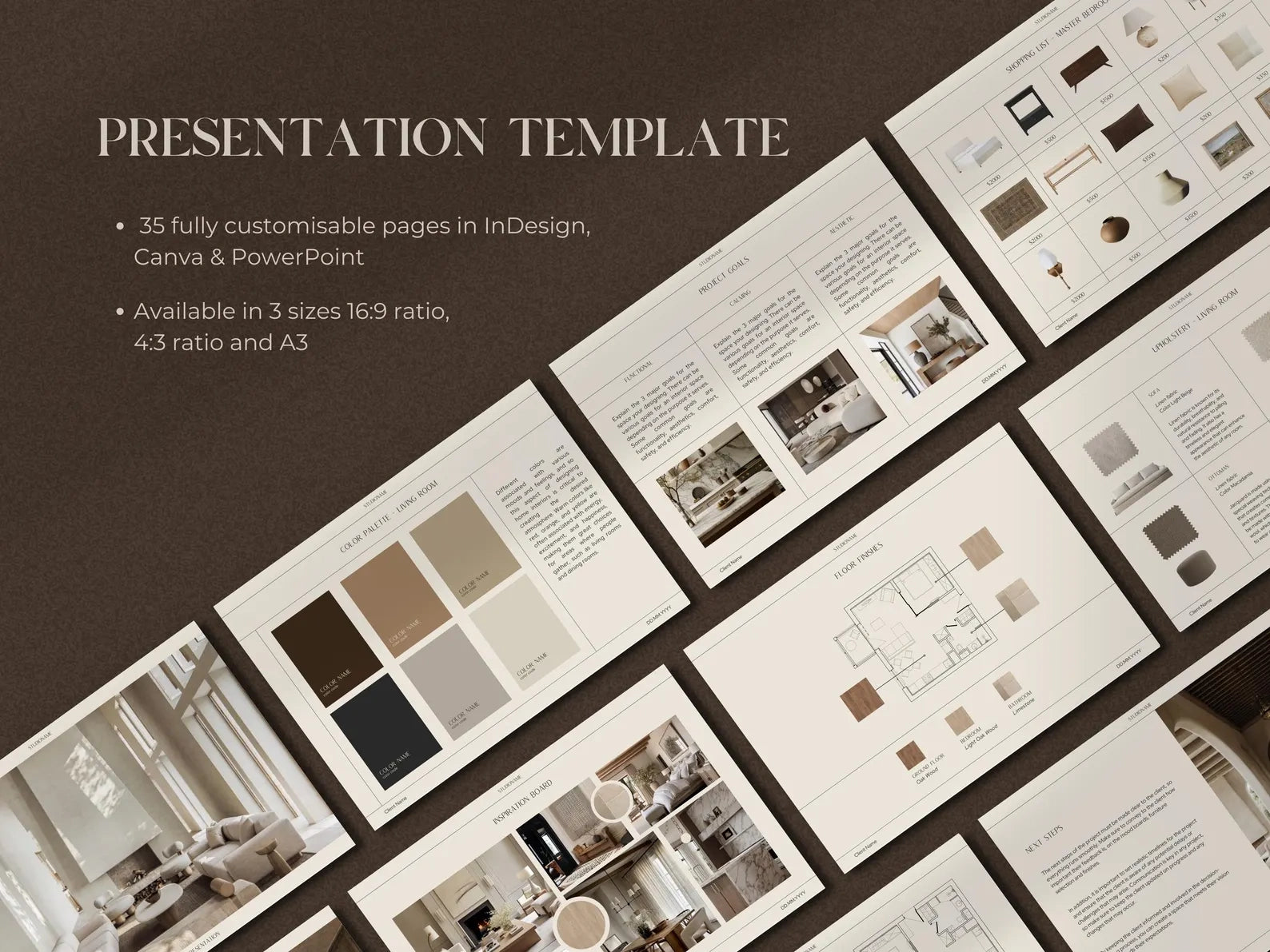 Collage of interior design presentation slides with text on a brown background