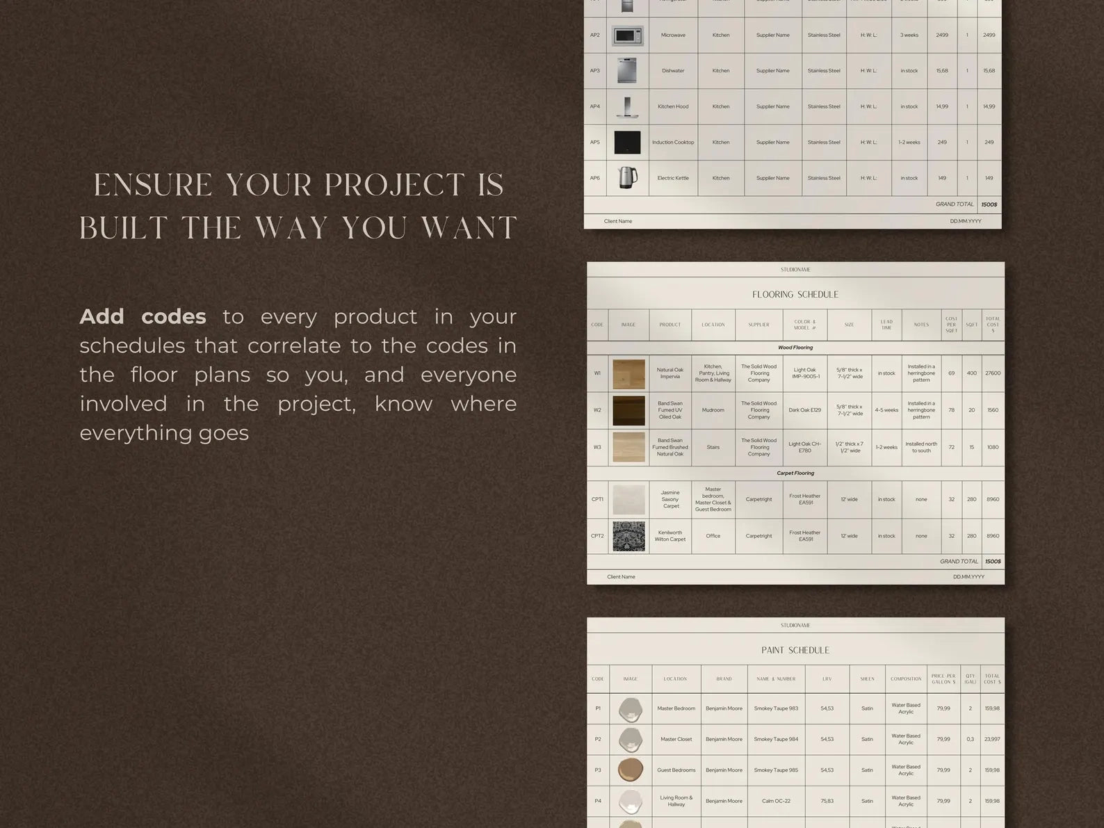 Screenshots of a project management tool with color swatches and text on a brown background
