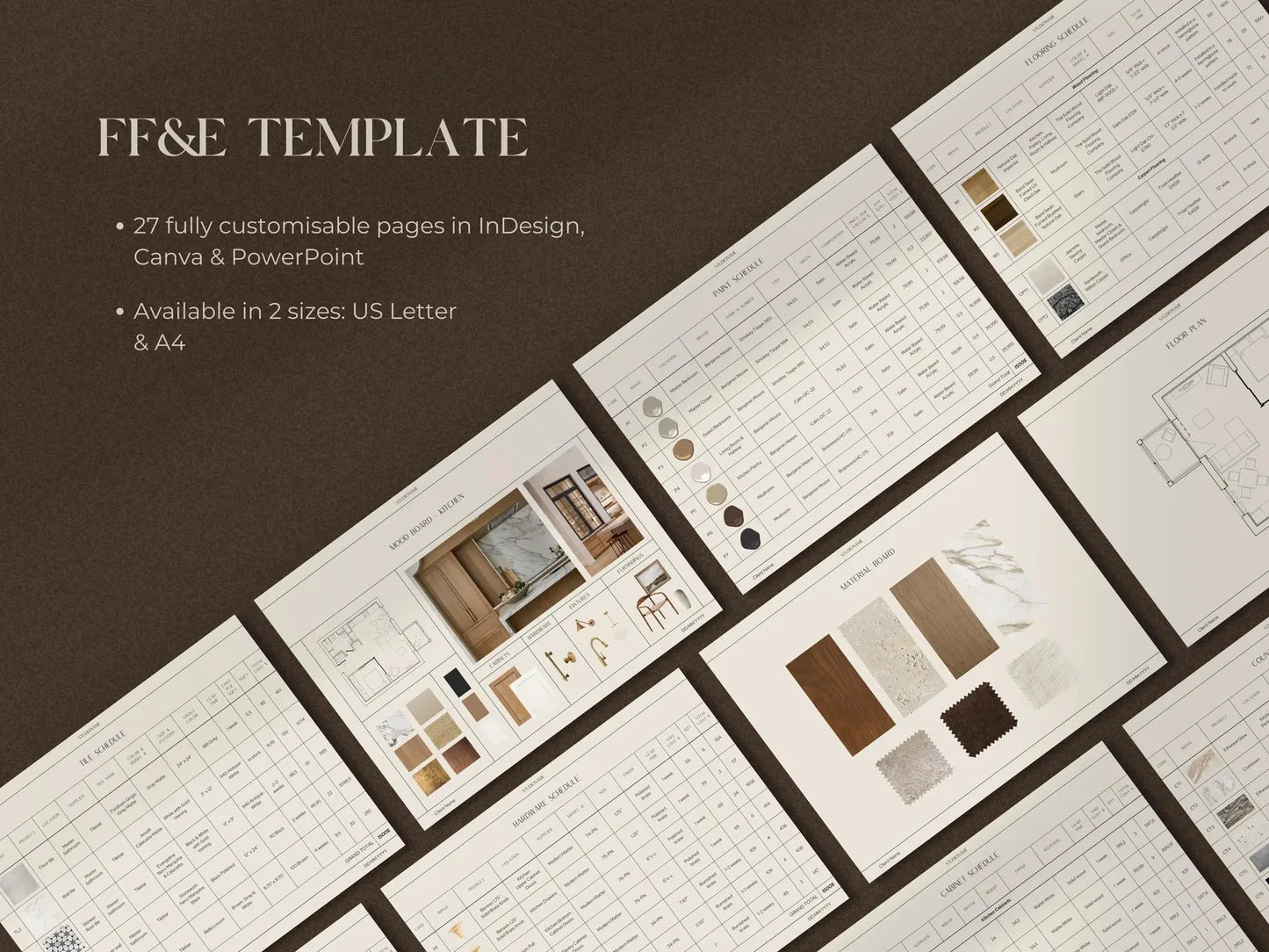 FF&E Template with customizable pages on a brown background