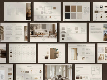 Collage of interior design samples and color swatches on a wall.