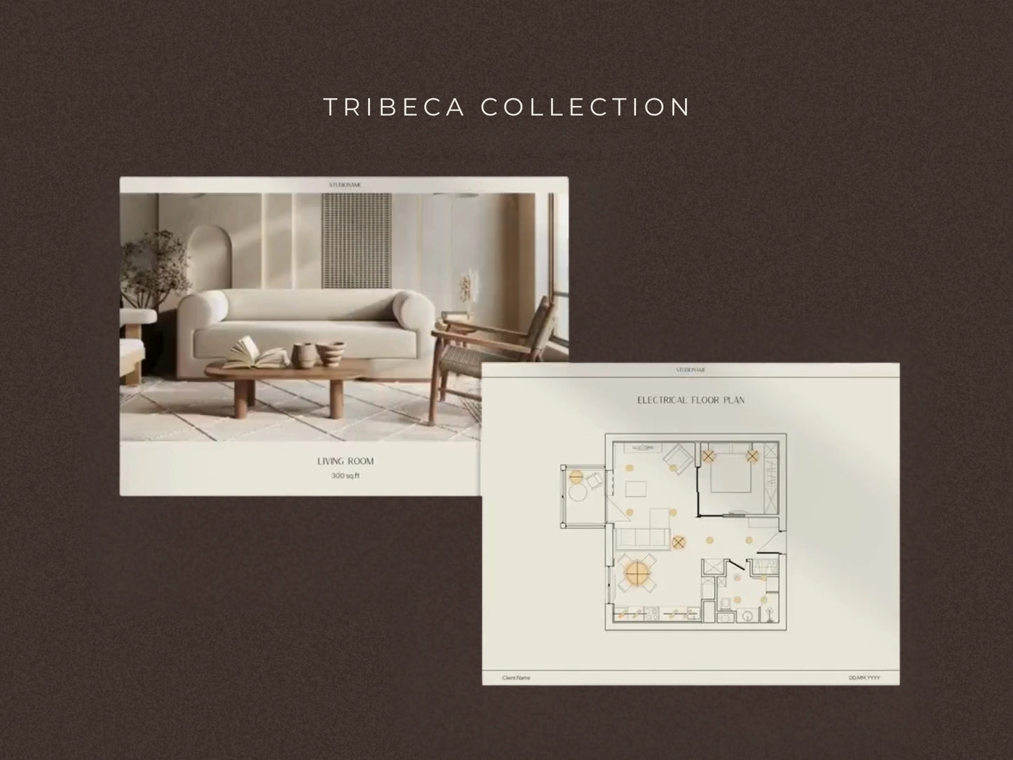 Tribeca Collection living room with furniture and a floor plan on a brown background