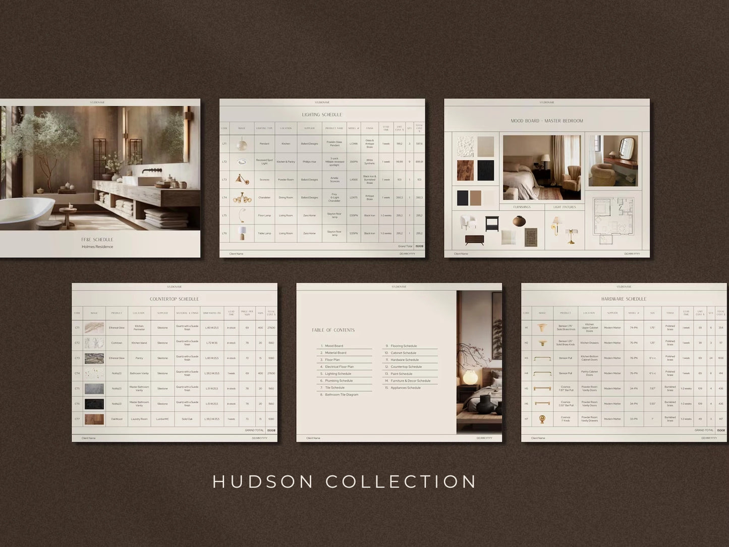 Hudson Collection design materials on a brown background