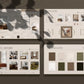 Set of interior design mood boards with layout, concept, palette, and board designs on a dark background.