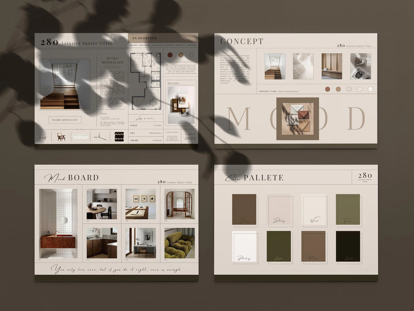 Set of interior design mood boards with layout, concept, palette, and board designs on a dark background.