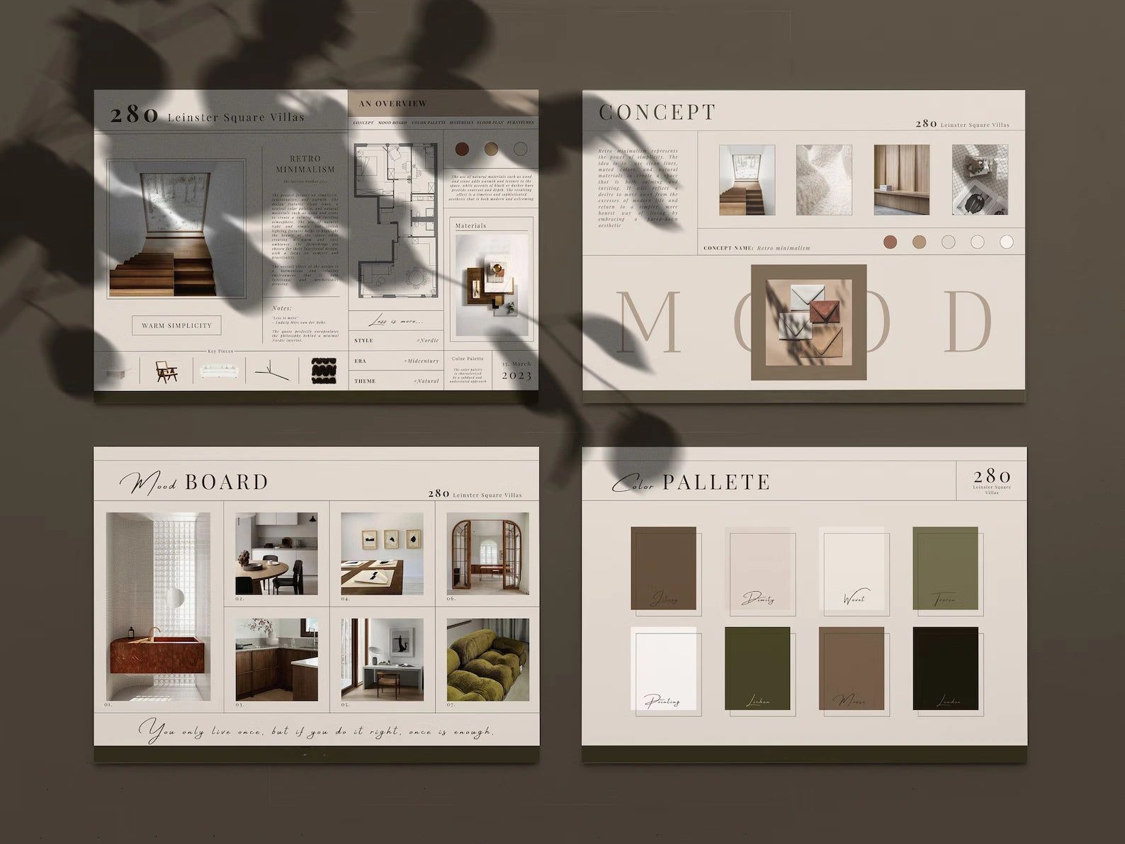 Set of interior design mood boards with layout, concept, palette, and board designs on a dark background.