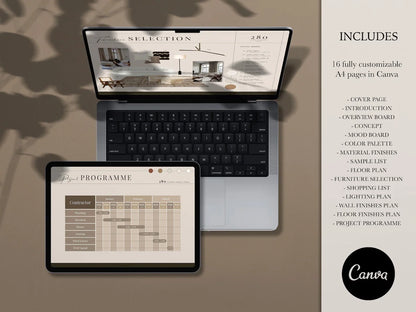 Laptop and tablet displaying design software with Canva branding on a beige background