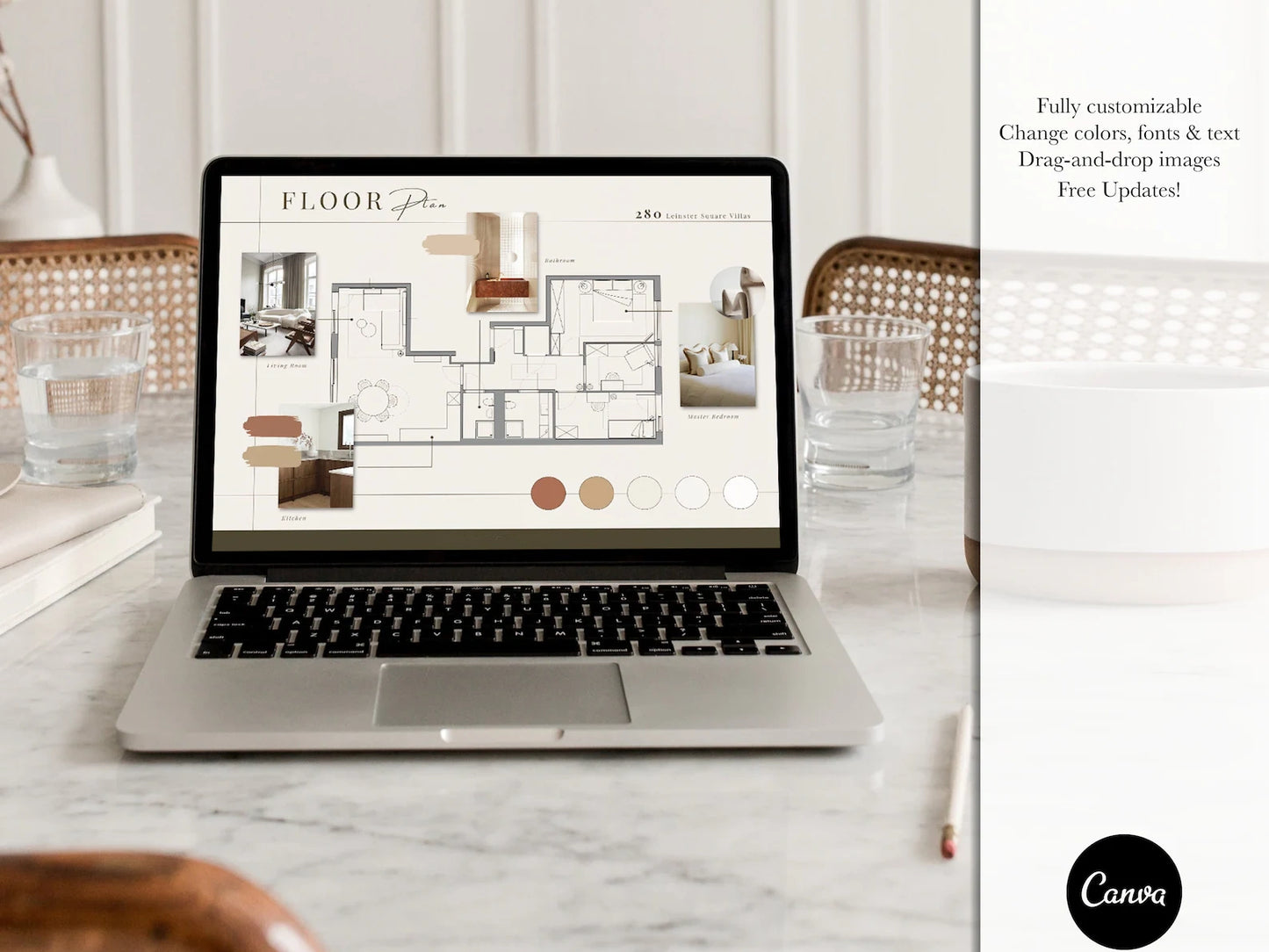 Laptop displaying a design software on a marble surface with a blurred background