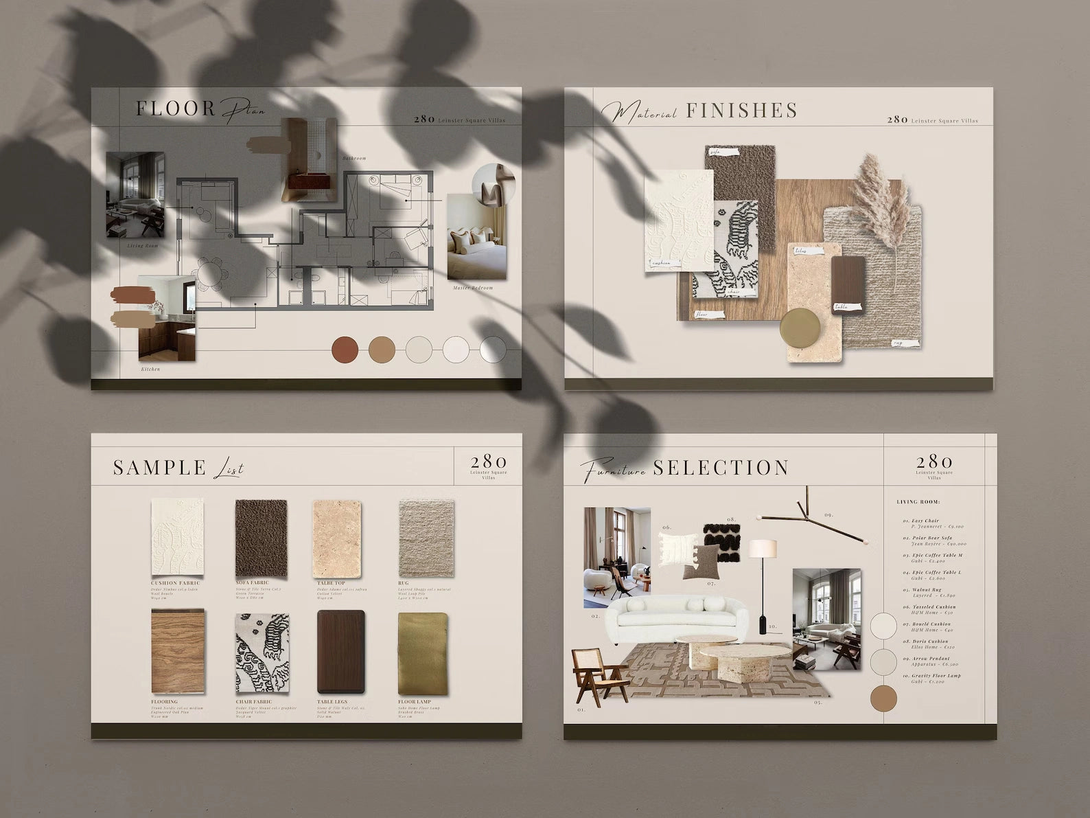 Set of interior design brochures on a gray background