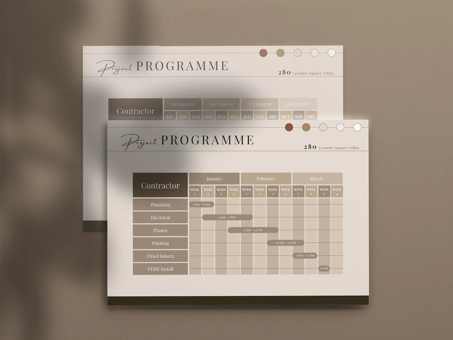Two project programme documents on a brown background