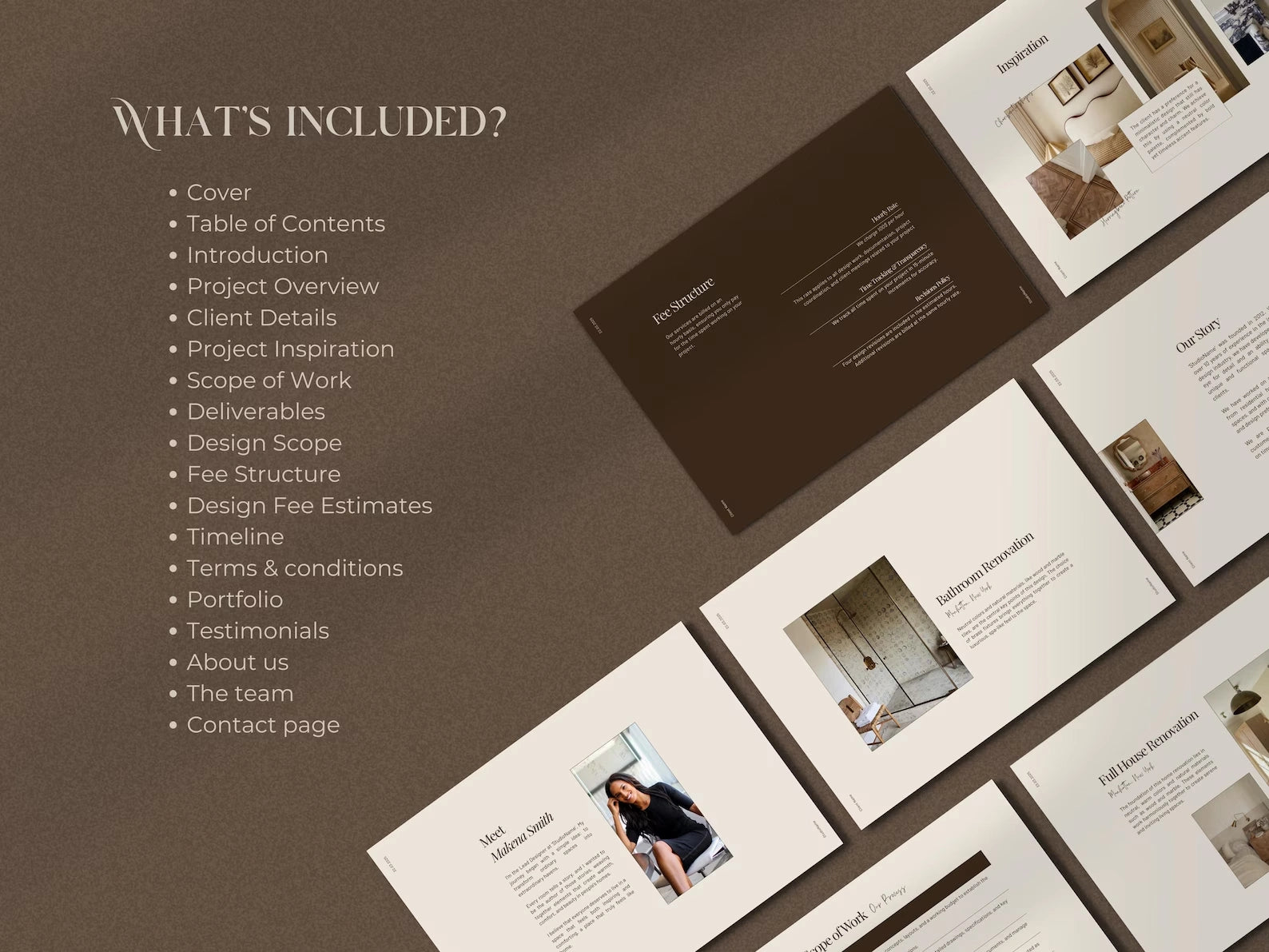 Pages of a design proposal or portfolio layout on a brown background with text listing included items.