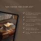 Promotional graphic for a design template with a tablet displaying a room scene and text about the template's features.