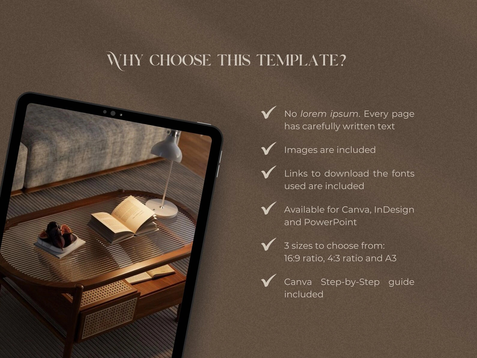 Promotional graphic for a design template with a tablet displaying a room scene and text about the template's features.