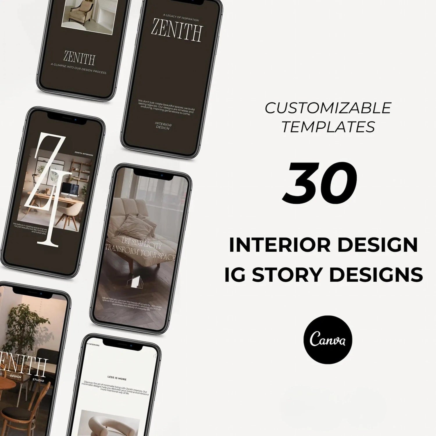 Smartphones displaying interior design Instagram story designs with 'Zenith' branding on a white background.