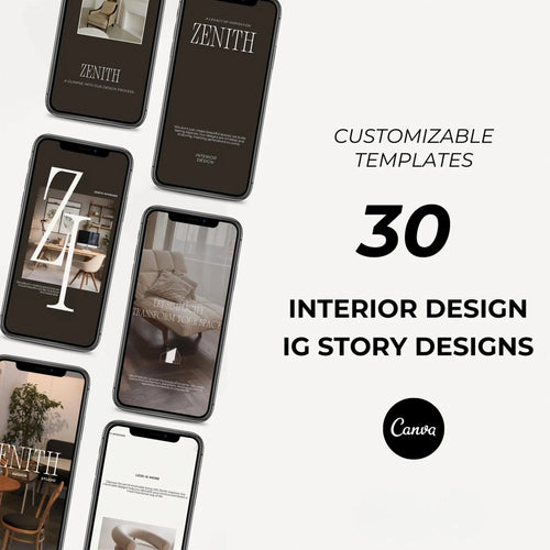 Smartphones displaying interior design Instagram story designs with 'Zenith' branding on a white background.