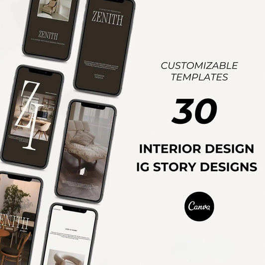 Smartphones displaying interior design Instagram story designs with 'Zenith' branding on a white background.