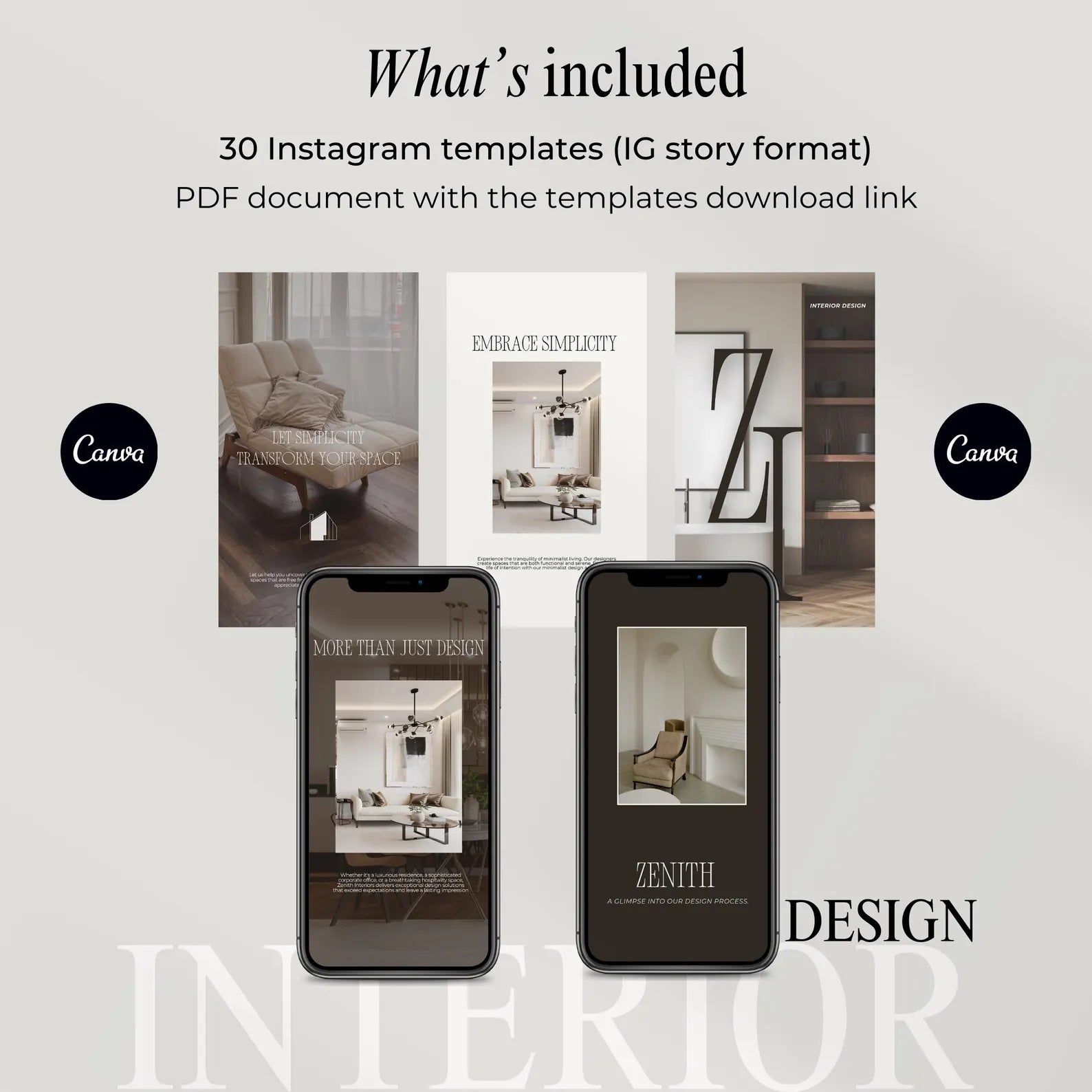 Promotional graphic for interior design Instagram templates with smartphone mockups and Canva branding.