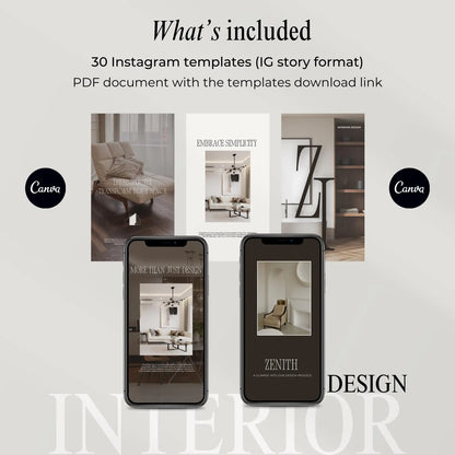 Promotional graphic for interior design Instagram templates with smartphone mockups and Canva branding.