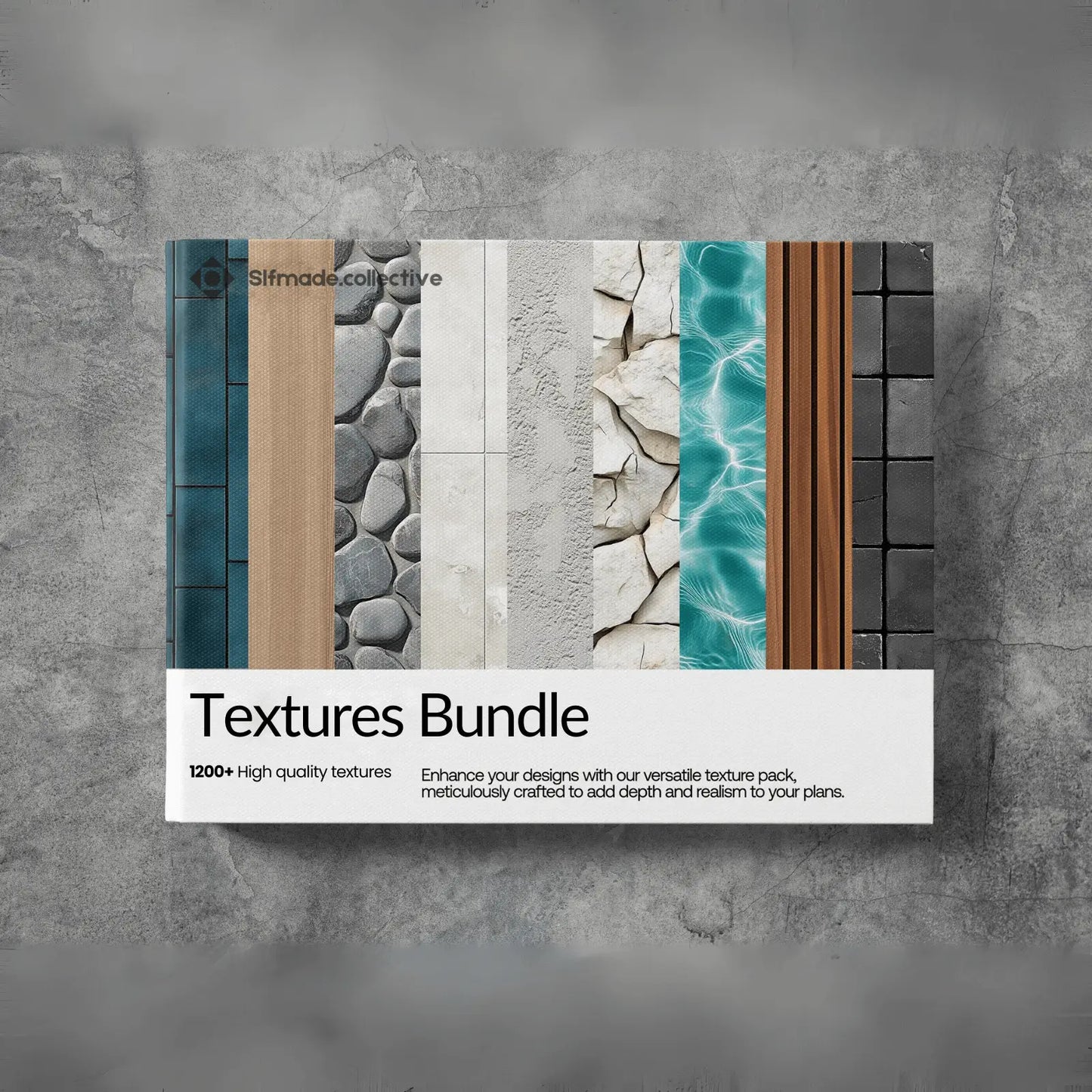 Textures Bundle packaging with various texture samples on a gray background