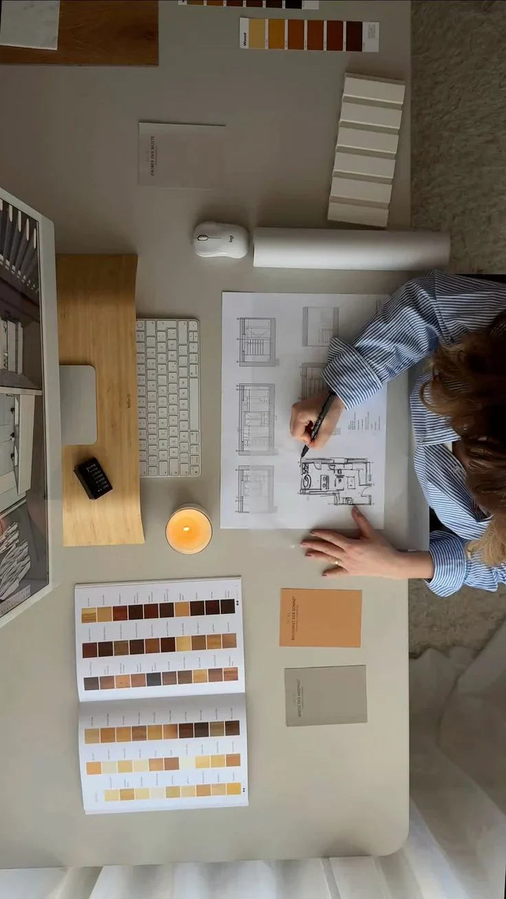 Person working at a desk with architectural plans, color swatches, and a lamp.