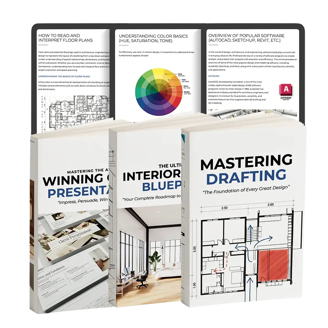 Three books on architecture and design topics with visible text and graphics.