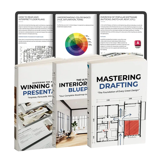 Three books on architecture and design topics with visible text and graphics.