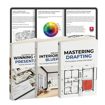 Three books on architecture and design topics with visible text and graphics.