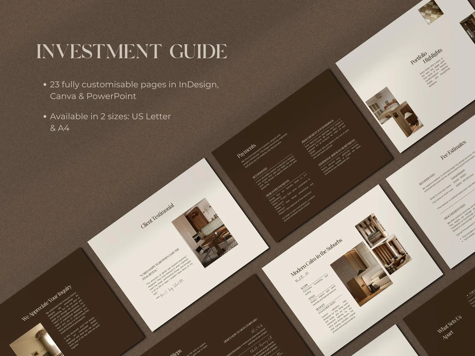 Investment guide with customizable pages on a brown background