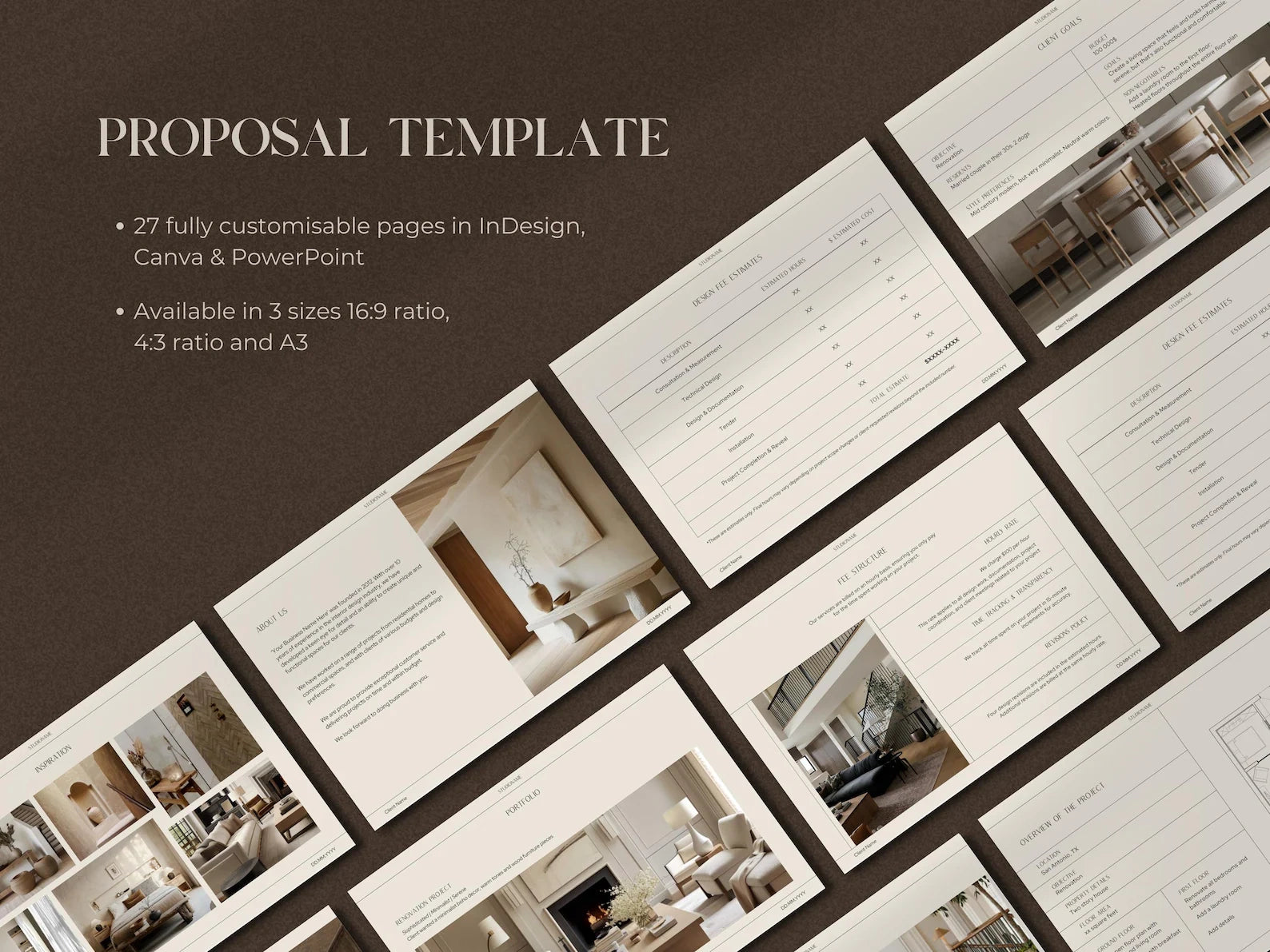 Proposal template with images of interior designs on a brown background