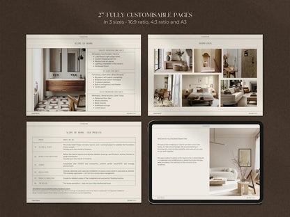 Screenshots of a digital design layout with text and images on a brown background