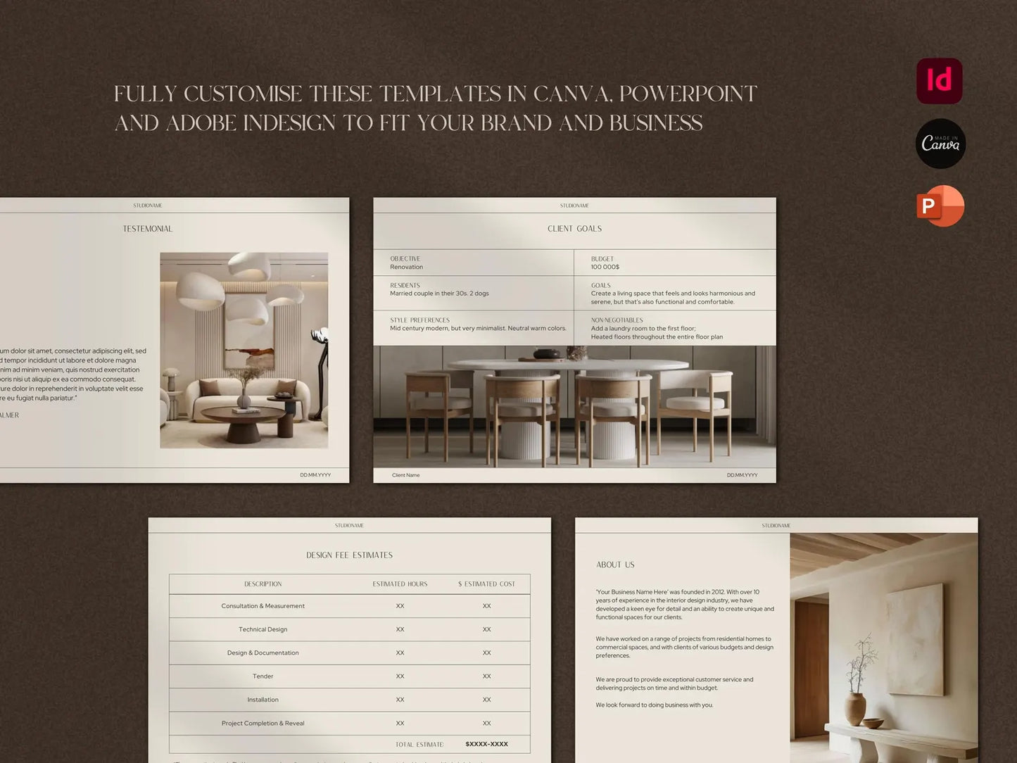 Templates for Canva, PowerPoint, and Adobe InDesign on a brown background with interior design images.