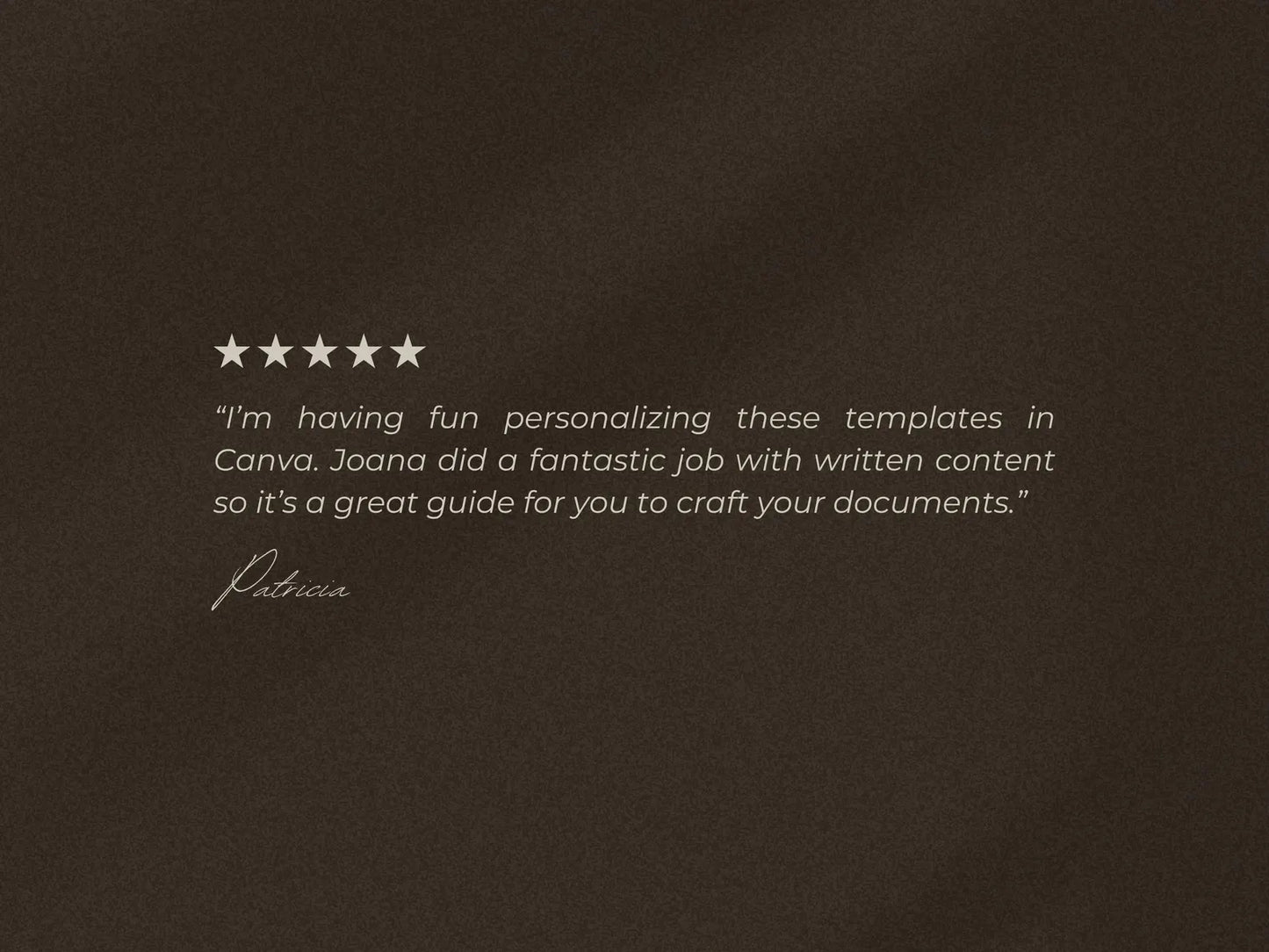 Five-star rating feedback on a dark textured background with white text.