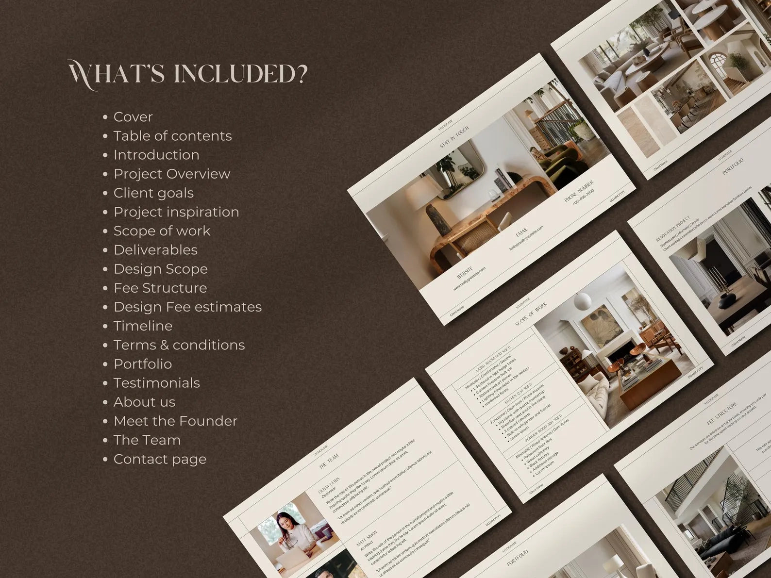 Brochure or design proposal with images of interior spaces on a brown background