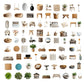 Collage of various home decor items including furniture, plants, and accessories on a white background.