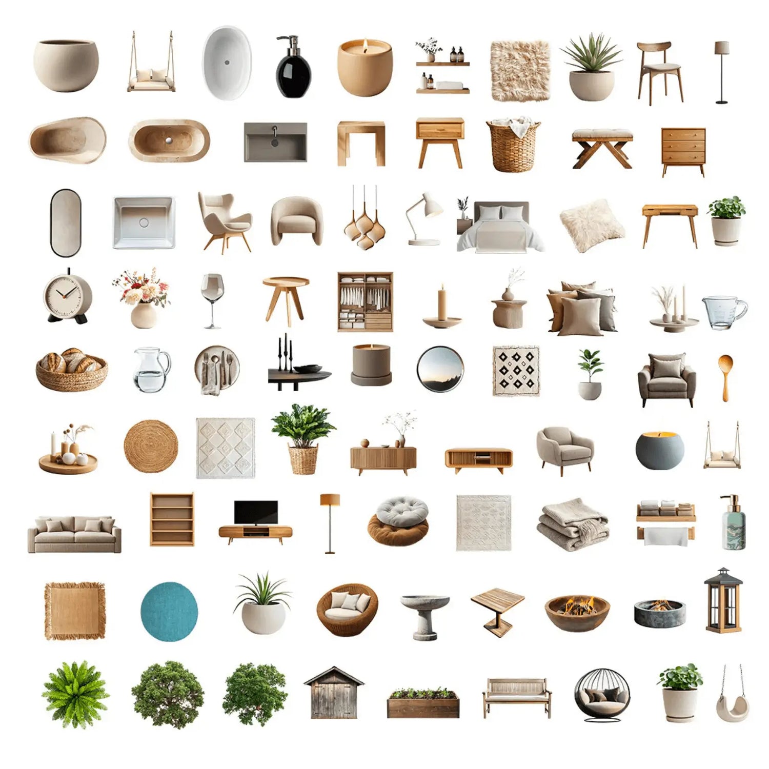 Collage of various home decor items including furniture, plants, and accessories on a white background.