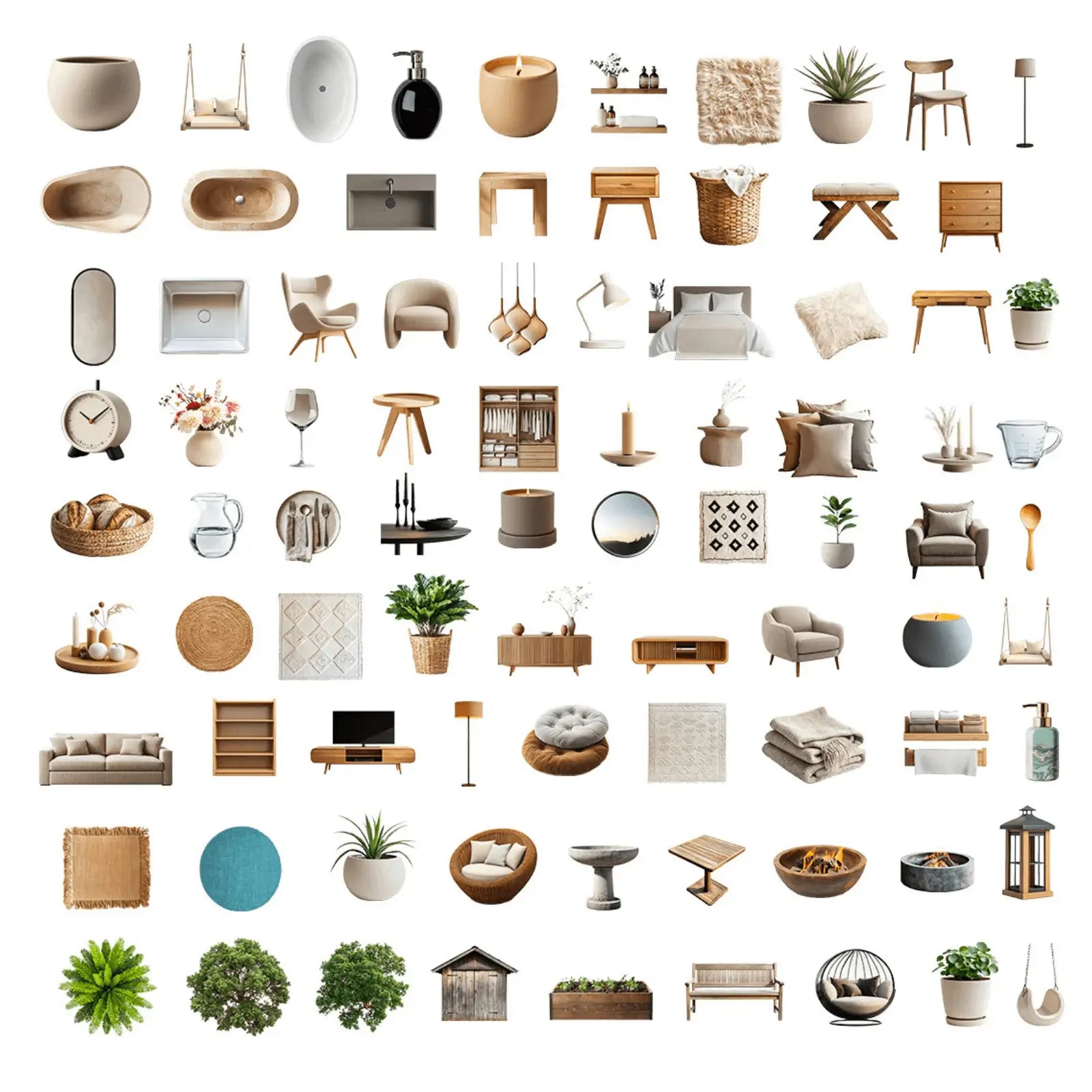 Collage of various home decor items including furniture, plants, and accessories on a white background.