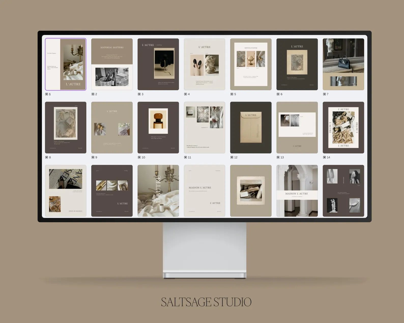 Computer screen displaying a grid of photo frames with 'SALTSAGE STUDIO' branding on a beige background.