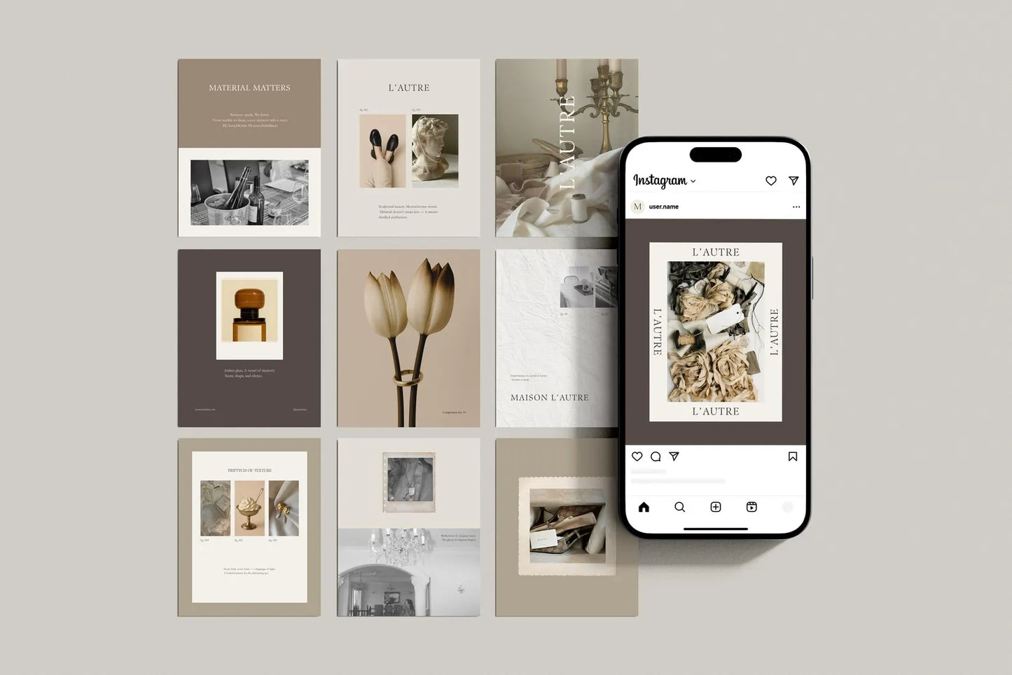 Phone displaying an Instagram app with a grid of photo frames on a light gray background