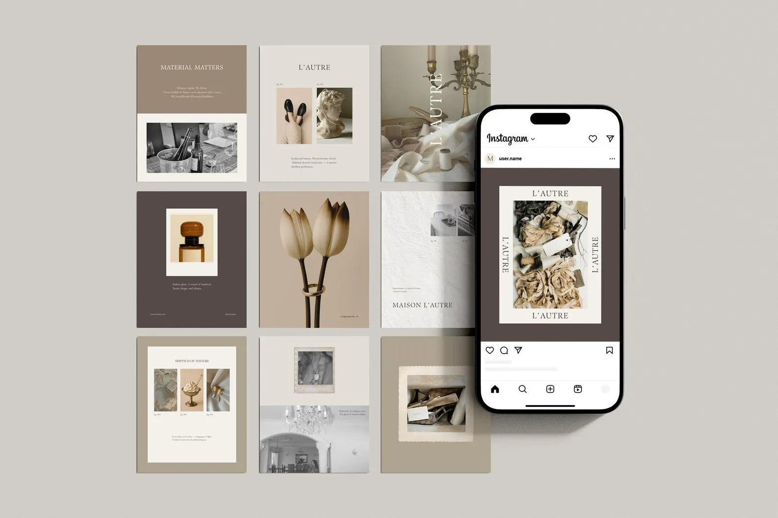 Phone displaying an Instagram app with a grid of photo frames on a light gray background