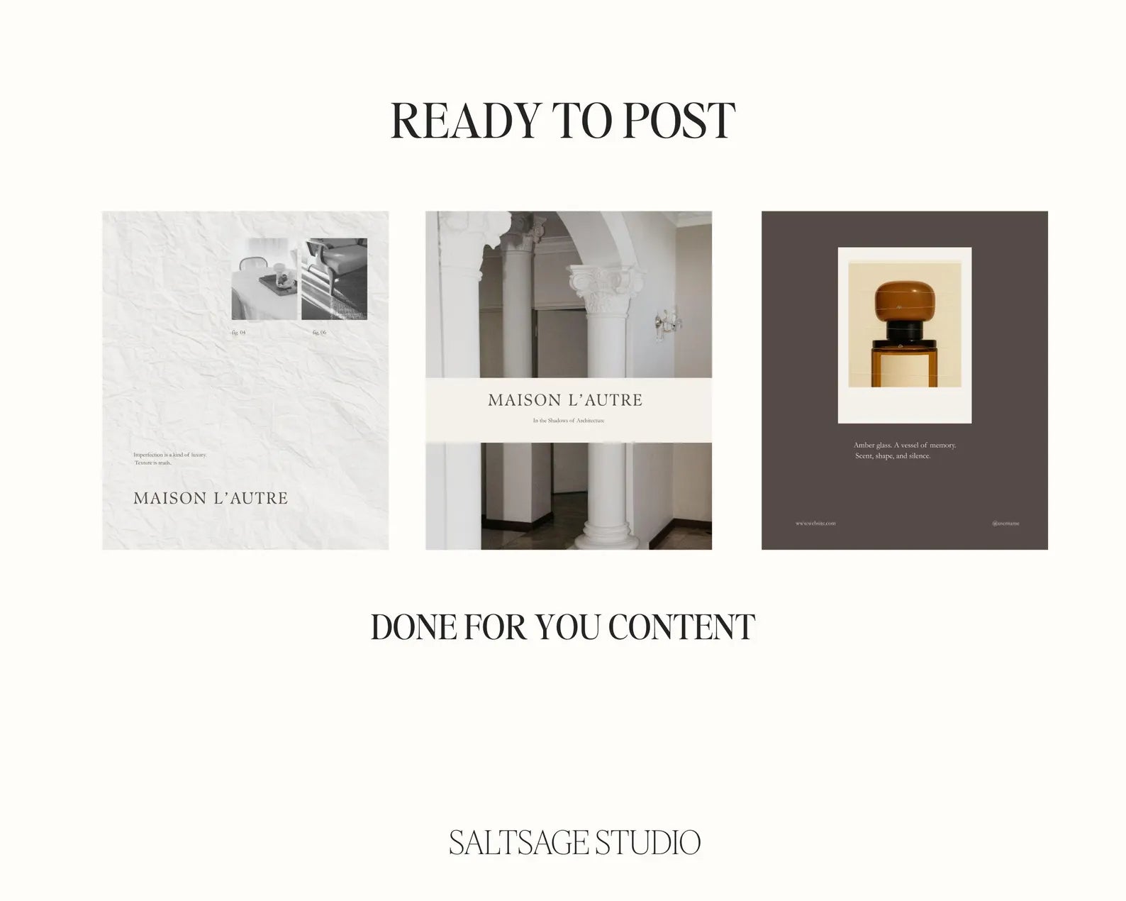 Promotional graphic for Saultsage Studio's 'Maison L'Autre' with images and text on a white background.