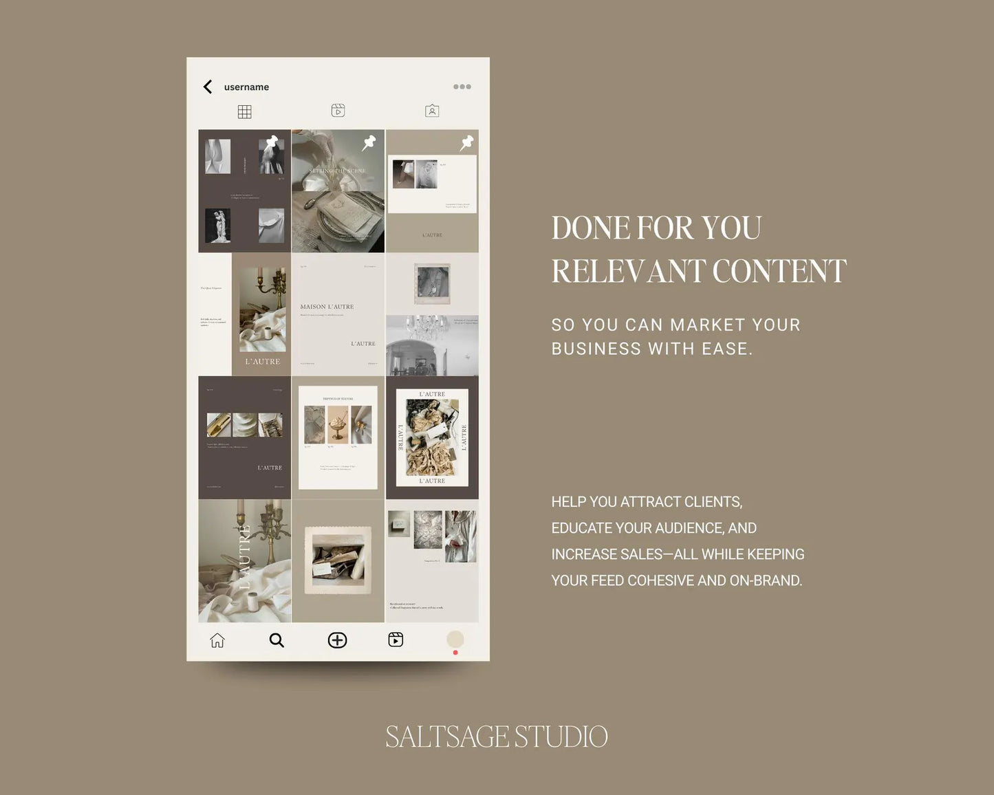 Screenshot of a design app interface with grid of images on a brown background, featuring text about marketing services.